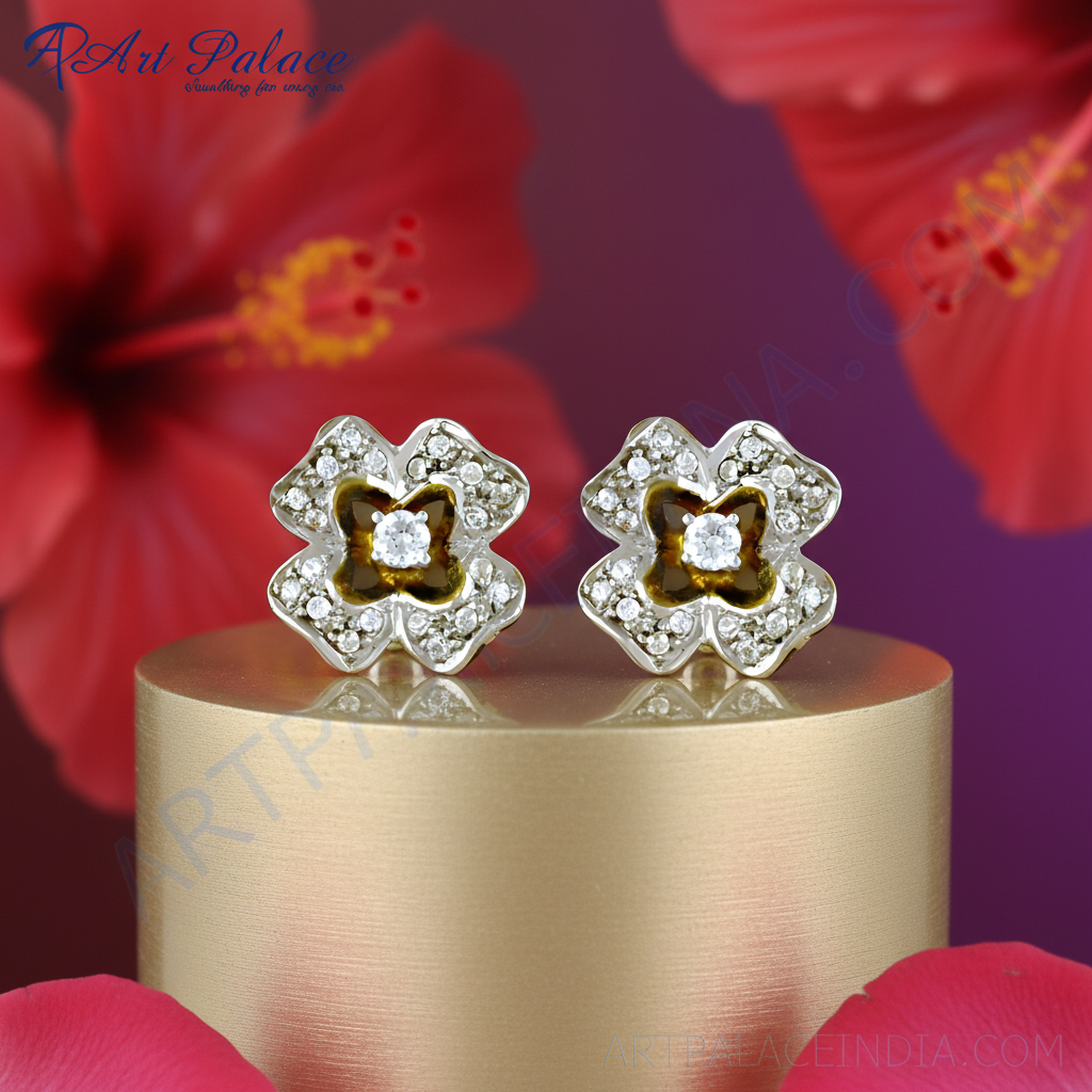 Floral Diamond Stud Earrings | Silver Jewelry for Women