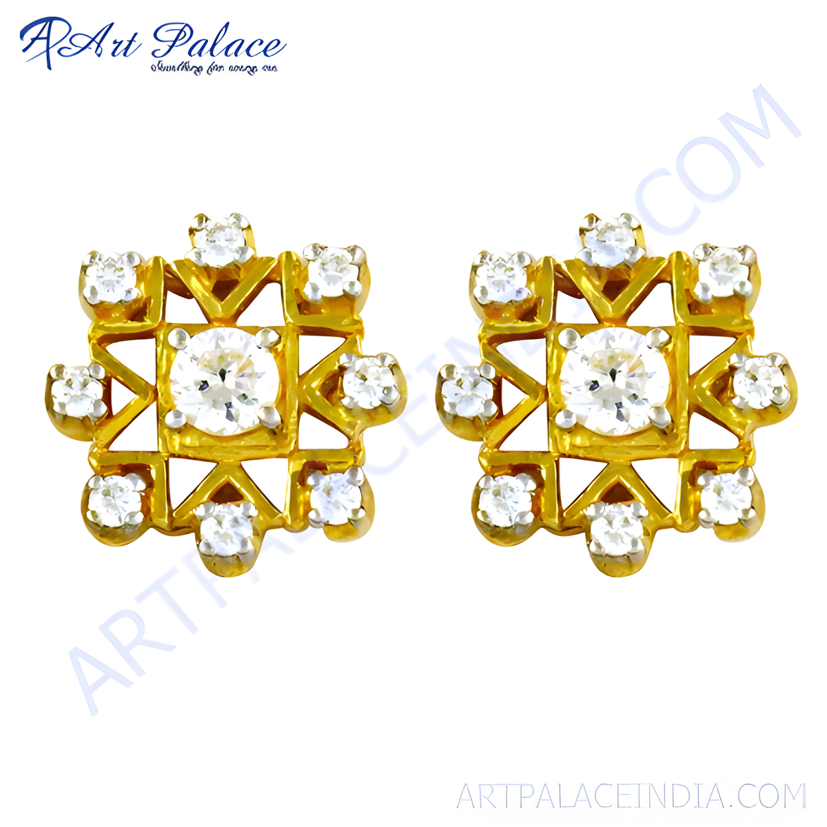 Gold plating stud earrings with diamond floral design for women