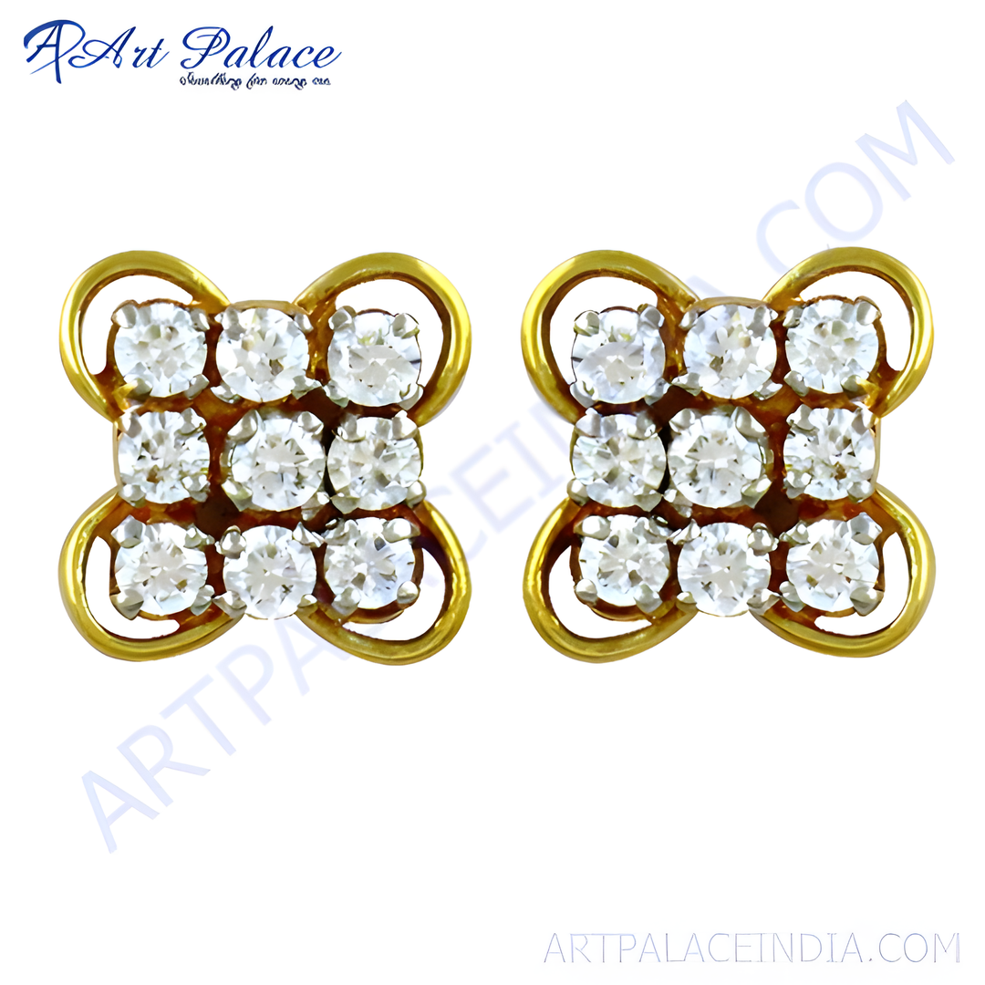 gold plating stud earrings with square cluster of round diamonds. Elegant and sparkling design.