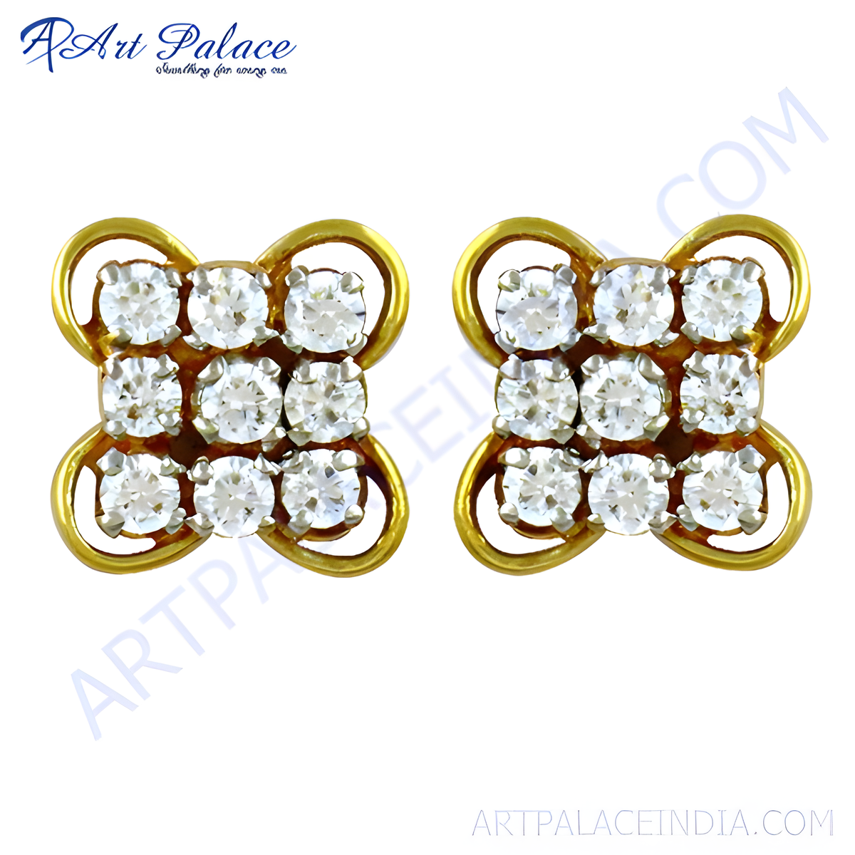 Gold plating stud earrings with square cluster of round diamonds