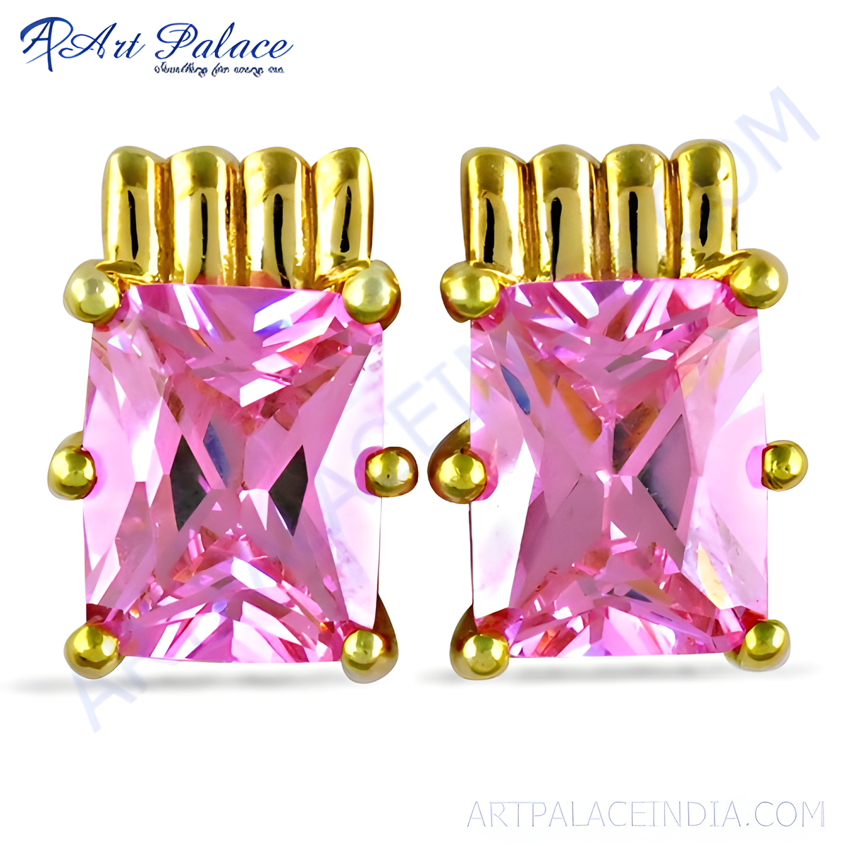 Gold plating stud earrings featuring vibrant pink gemstones, perfect for any occasion