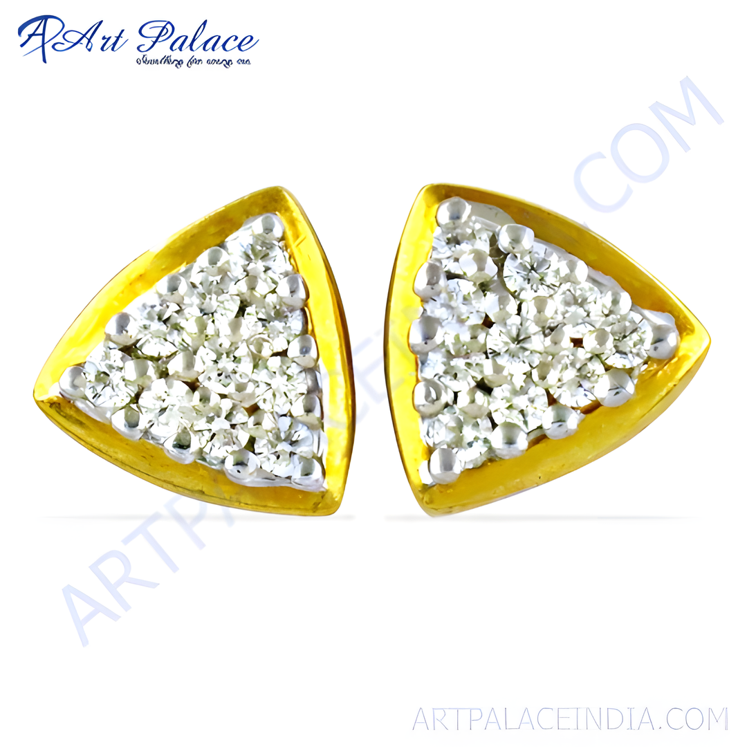 gold plating triangle stud earrings with white cubic zirconia stones, perfect for women.
