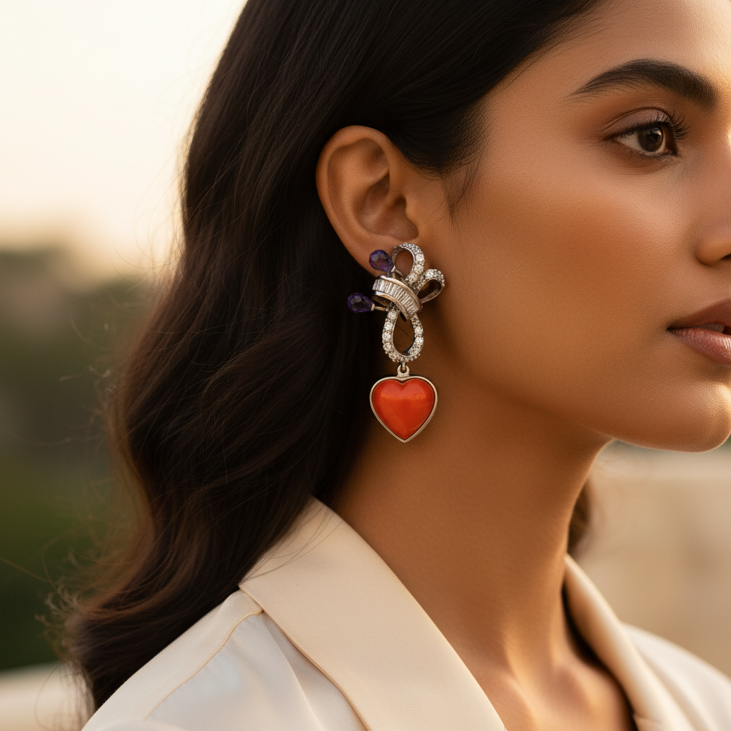 Silver heart dangle earrings with purple & red gemstones