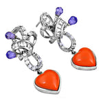 Load image into Gallery viewer, Silver Heart Dangle Earrings with Purple &amp; Red Gemstones
