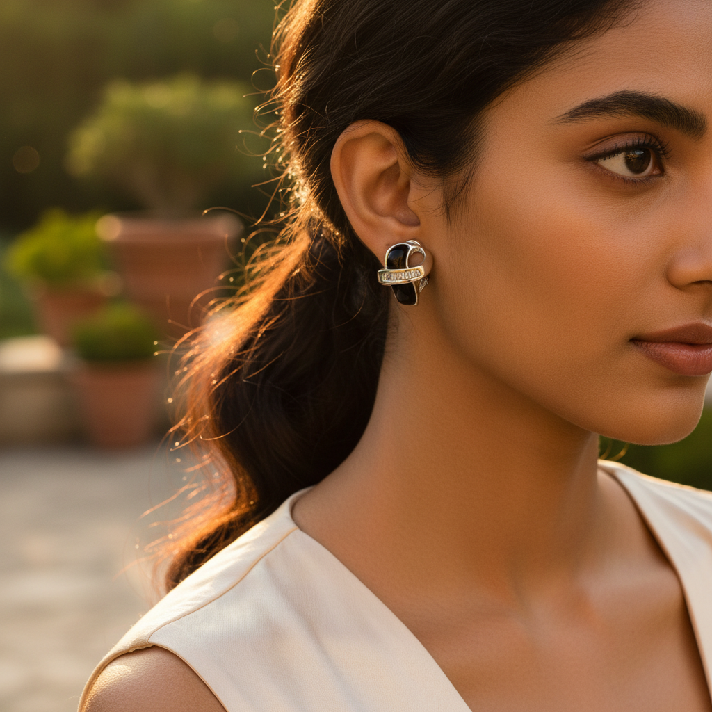 Silver black onyx & cz stud earrings for women | elegant jewelry