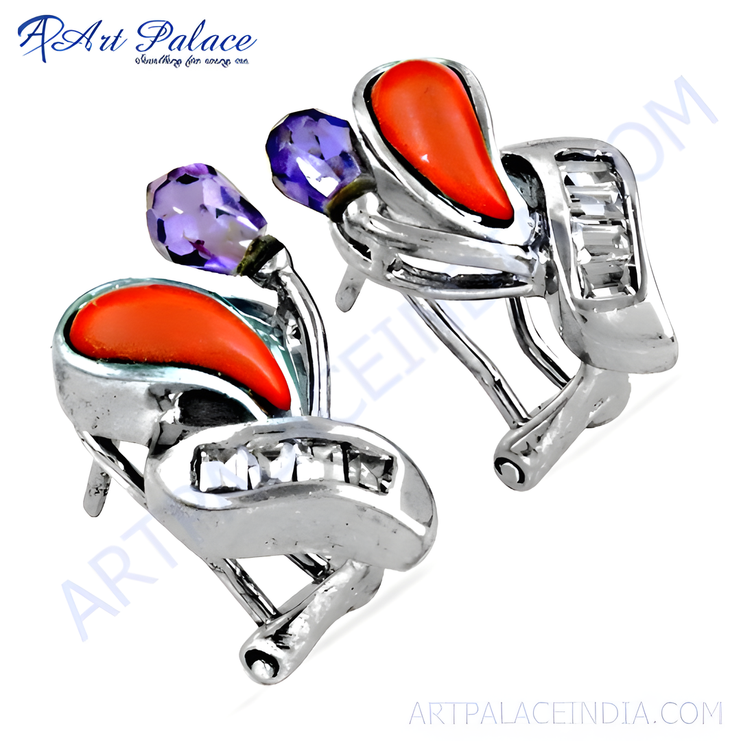Sterling silver stud earrings with teardrop coral and amethyst gemstones for women.