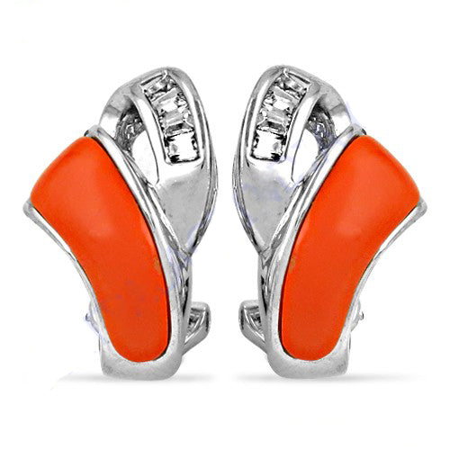 Silver Orange Enamel Earrings | Gemstone Accents | For Women