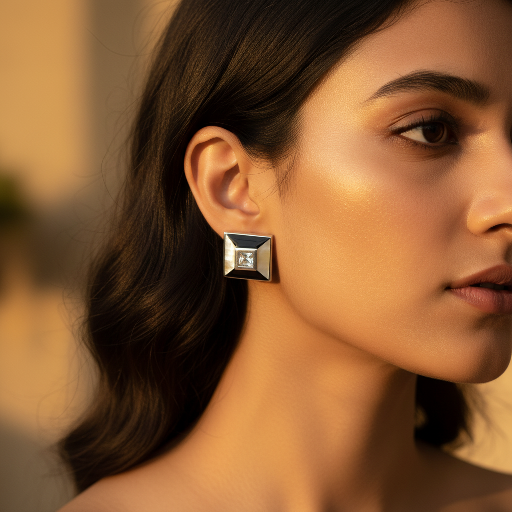 Silver square stud earrings with mother of pearl and gemstone