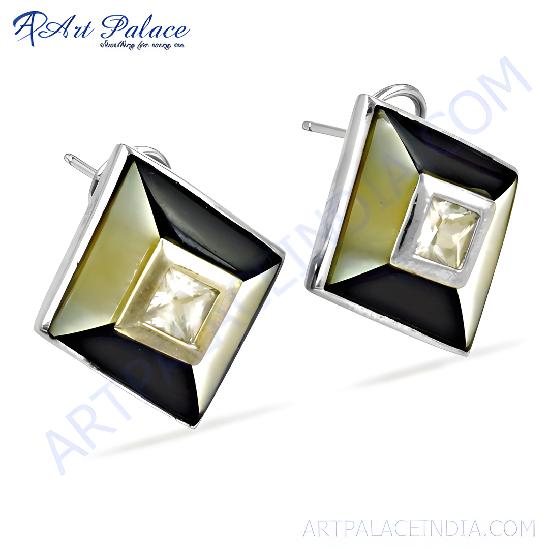 Square silver stud earrings with mother of pearl and a central gemstone, perfect for women's fashion.