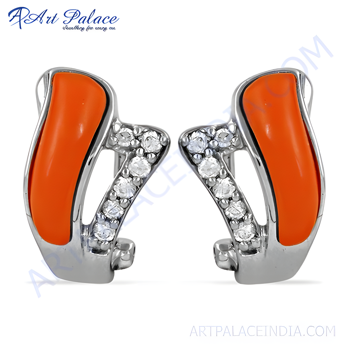 Silver stud earrings featuring orange enamel and sparkling cubic zirconia gemstones, perfect for women