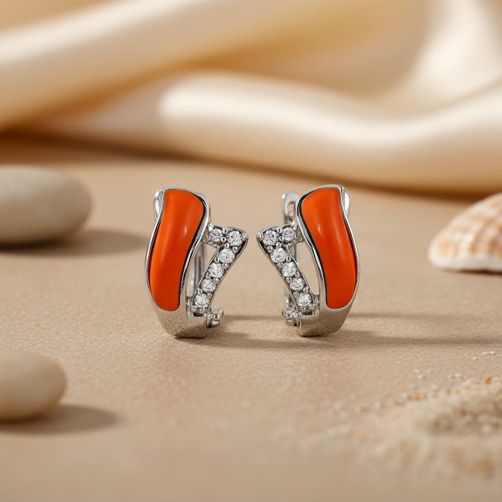 Silver Orange Enamel Earrings with Cubic Zirconia | Women's Jewelry