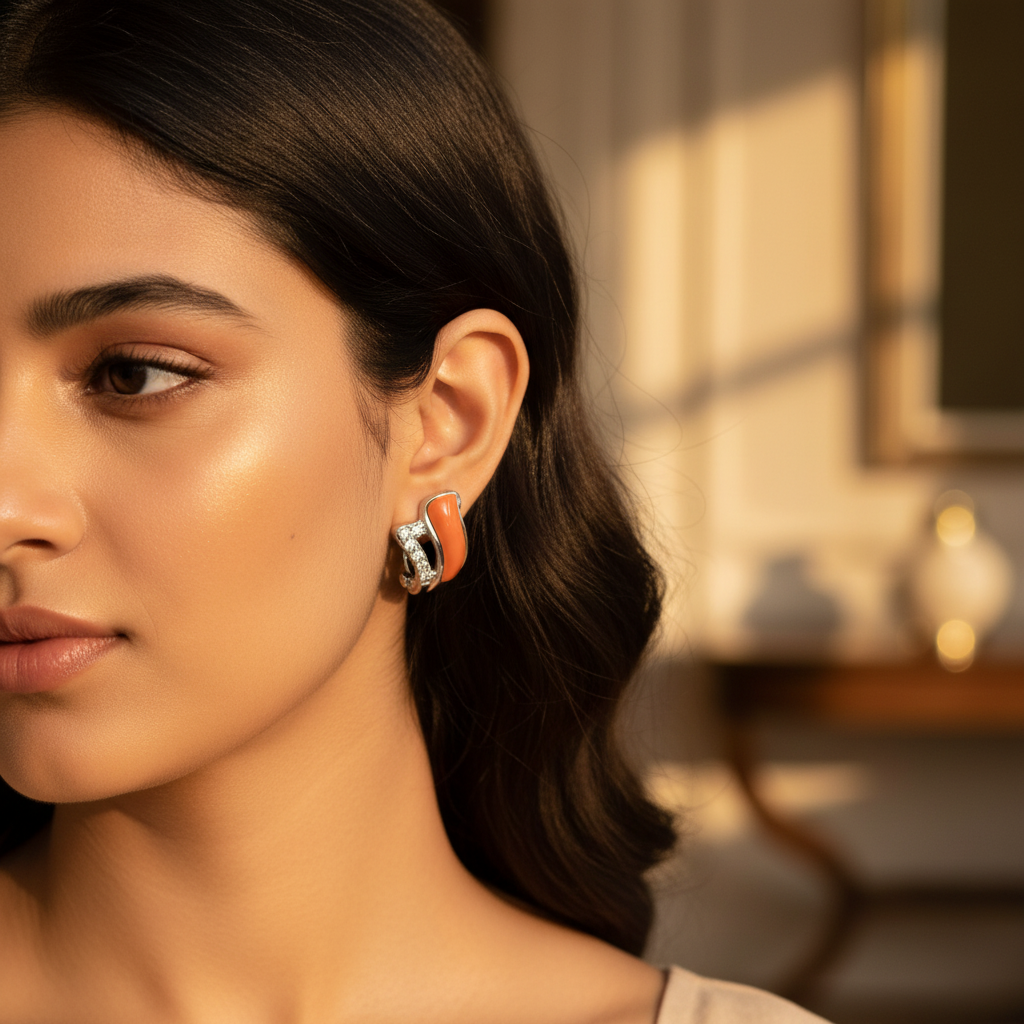 Silver orange enamel earrings with cubic zirconia | women's jewelry