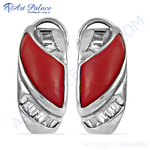 Load image into Gallery viewer, Silver hoop earrings with vibrant red coral gemstone for women.
