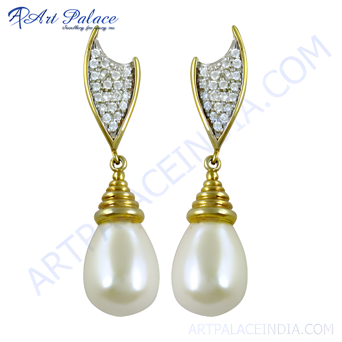 Gold plating teardrop pearl drop earrings with sparkling stones, a beautiful piece of jewelry