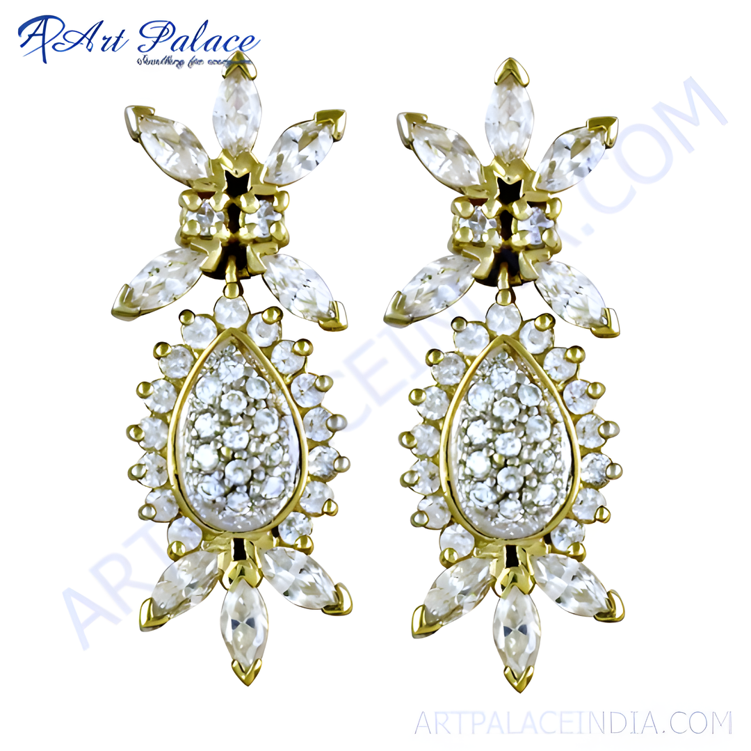 gold plating earrings featuring a teardrop and flower design, adorned with cubic zirconia stones.