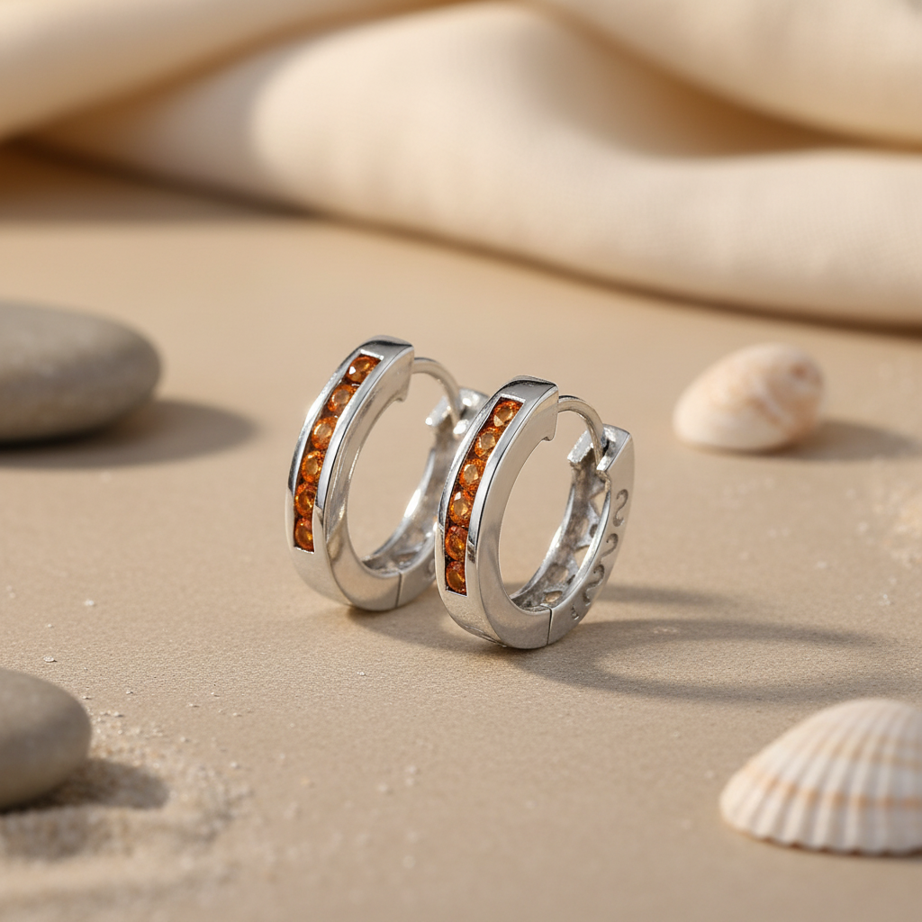 Silver Hoop Earrings with Orange Gemstones for Women