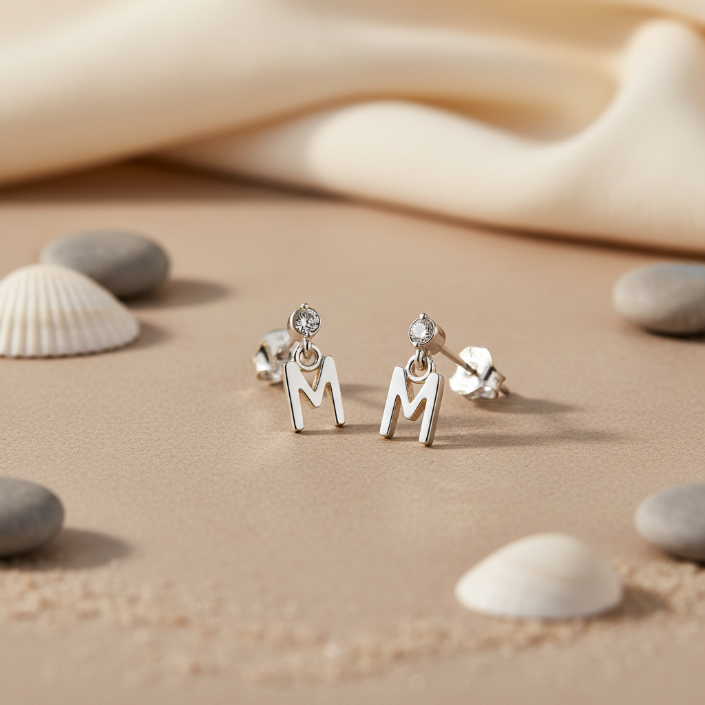 925 Silver Letter 'M' Stud Earrings | Women's Jewelry Gift