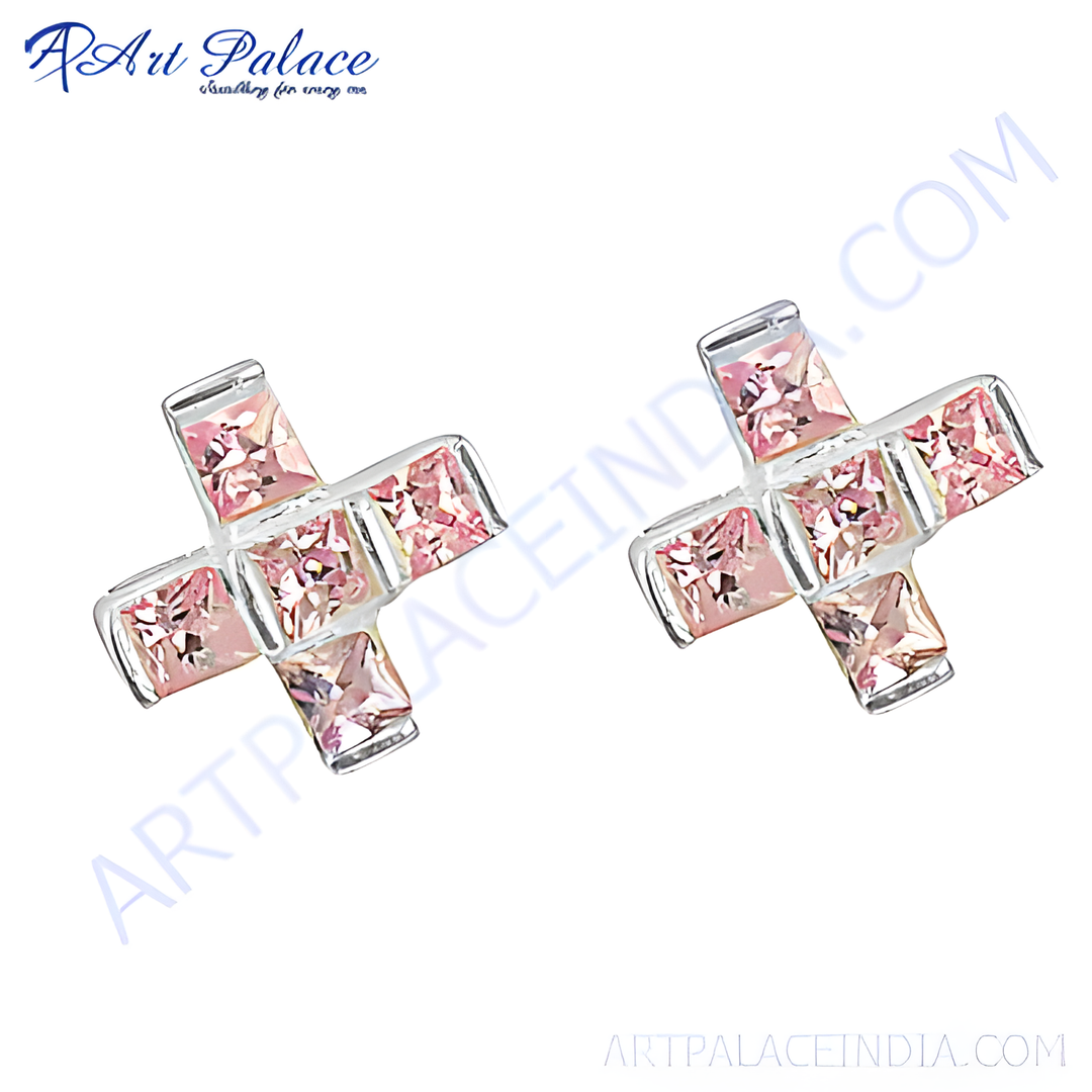 925 sterling silver stud earrings featuring pink gemstones in a cross design, ideal for women.