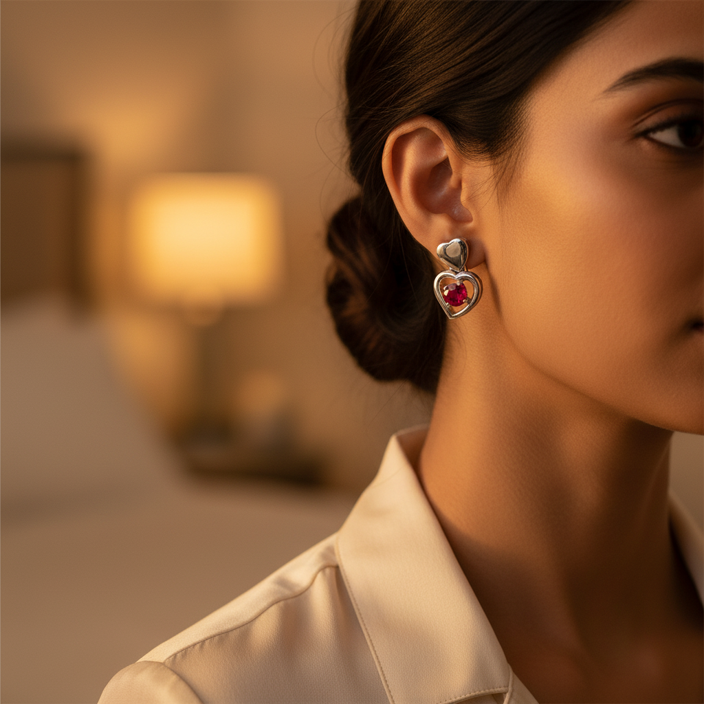 Silver Heart Ruby Stud Earrings for Women | Gift Jewelry