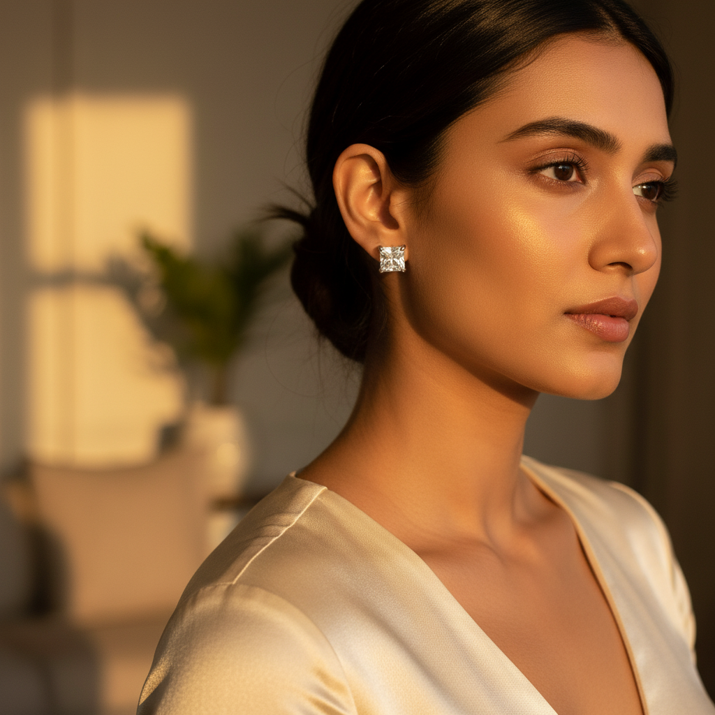 Silver Stud Earrings with Square White Gemstone for Women