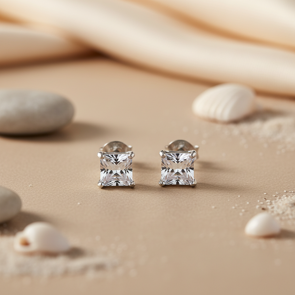 Silver Stud Earrings with Square White Gemstone for Women