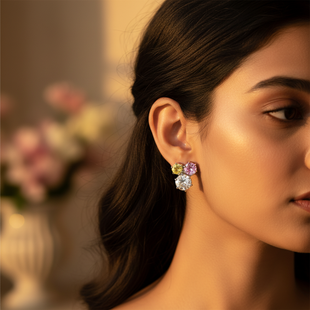 Silver Stud Earrings with Pink, Yellow & White Gemstones