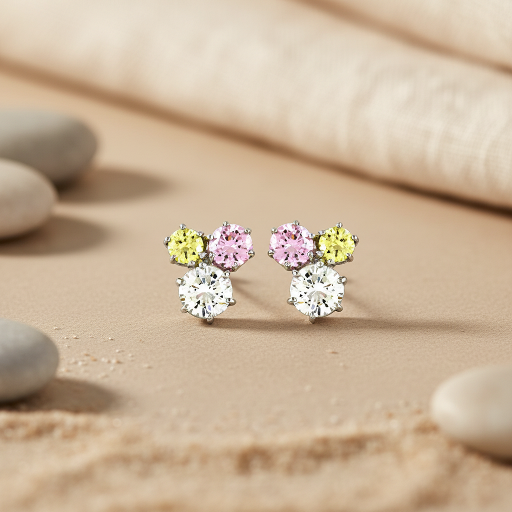 Silver Stud Earrings with Pink, Yellow & White Gemstones