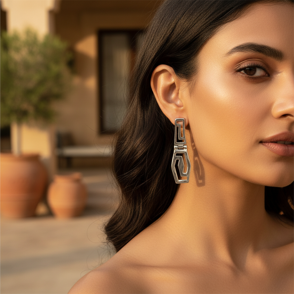 Silver Greek Key Dangle Earrings for Women | Statement Jewelry