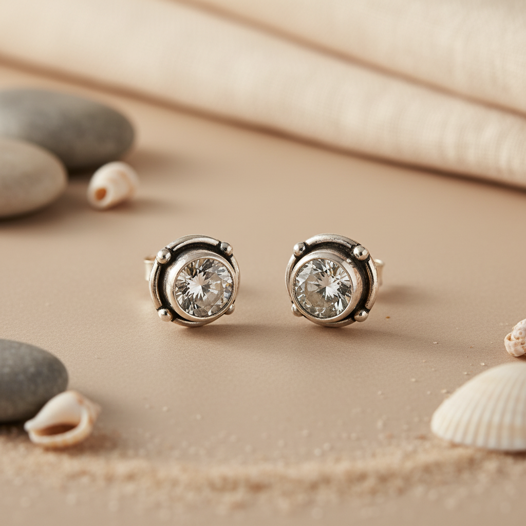 925 Silver Stud Earrings with White Gemstone | For Women