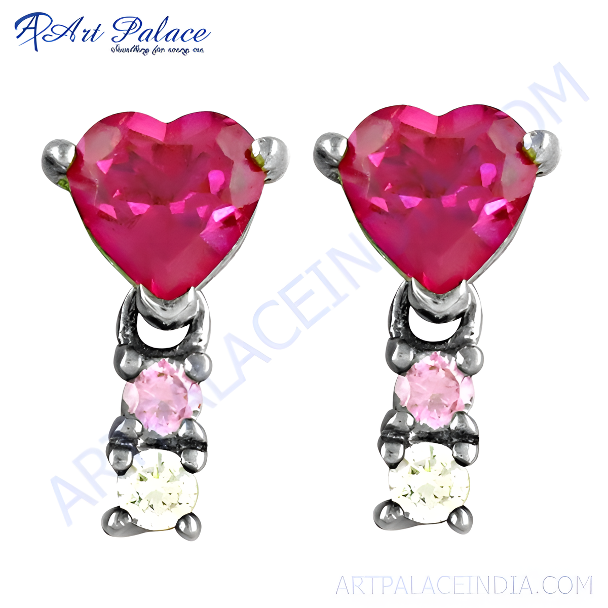 Silver dangle earrings with heart shaped ruby gemstones and white gemstones, elegant design