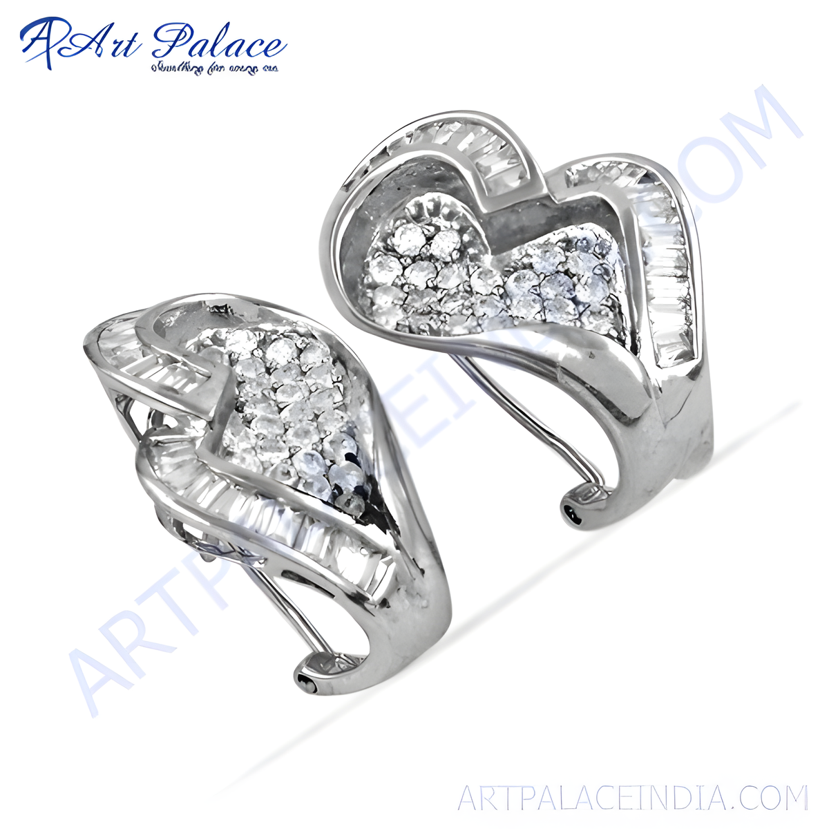 Silver hoop earrings with heart shaped design and diamond embellishments, sparkling jewelry for women