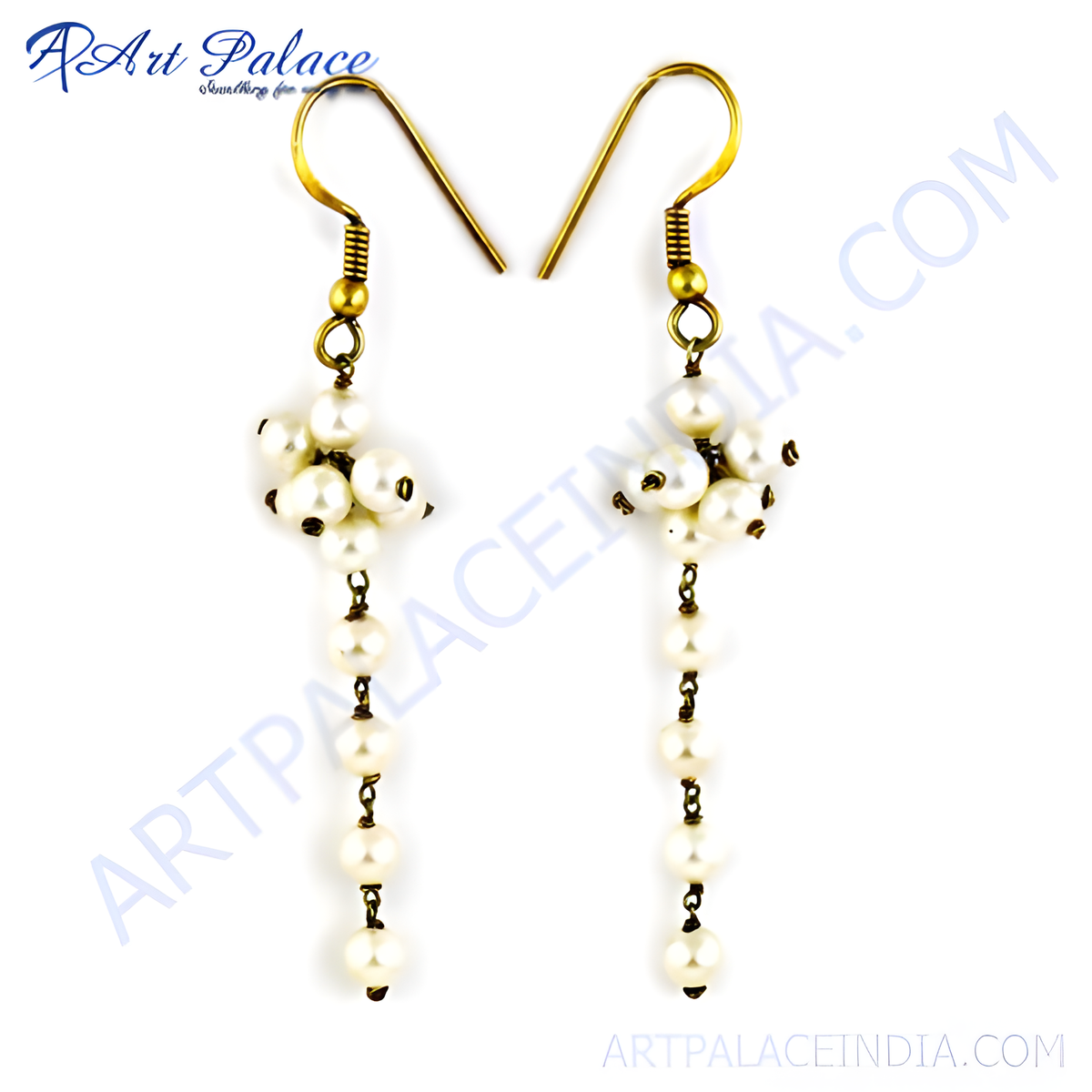 Elegant pearl drop earrings with gold plating toned metal accents, featuring multiple lustrous pearls