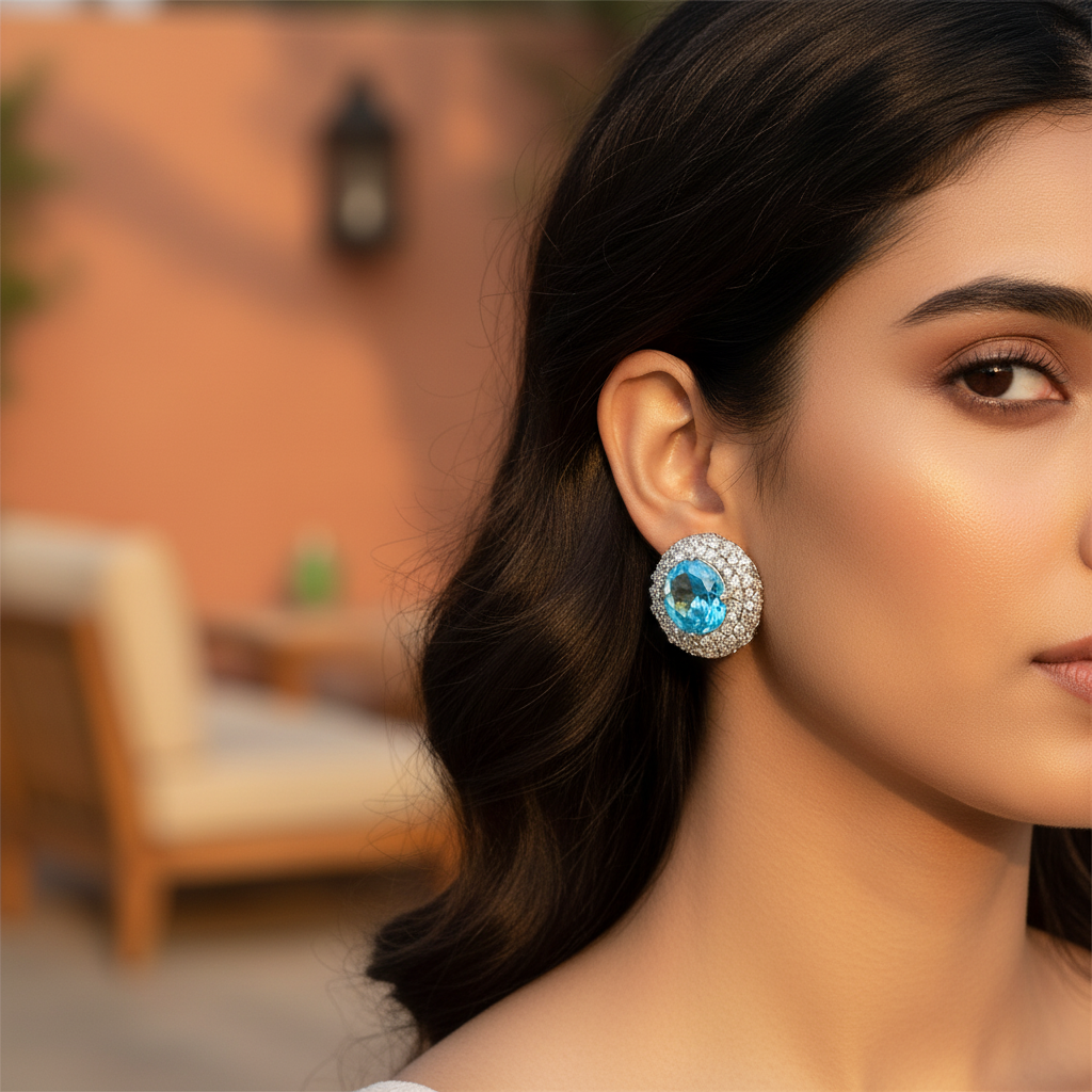 Silver Blue Gemstone Stud Earrings for Women | Daily Wear