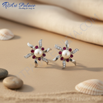 Load image into Gallery viewer, Silver Pearl &amp; Ruby Flower Stud Earrings | Women&#39;s Floral Jewelry
