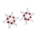 Load image into Gallery viewer, Silver Pearl &amp; Ruby Flower Stud Earrings | Women's Floral Jewelry
