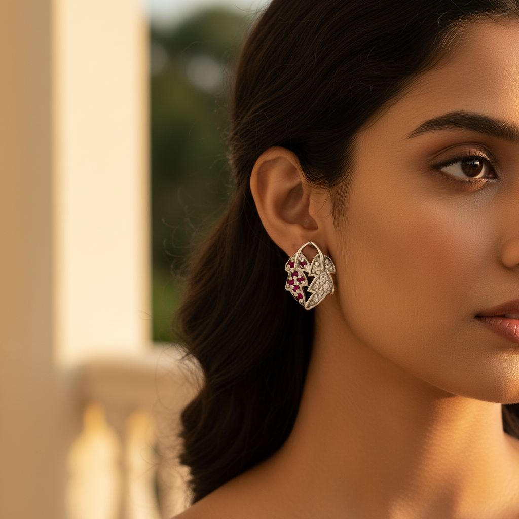 Silver Leaf Stud Earrings with Ruby & Diamond Accents