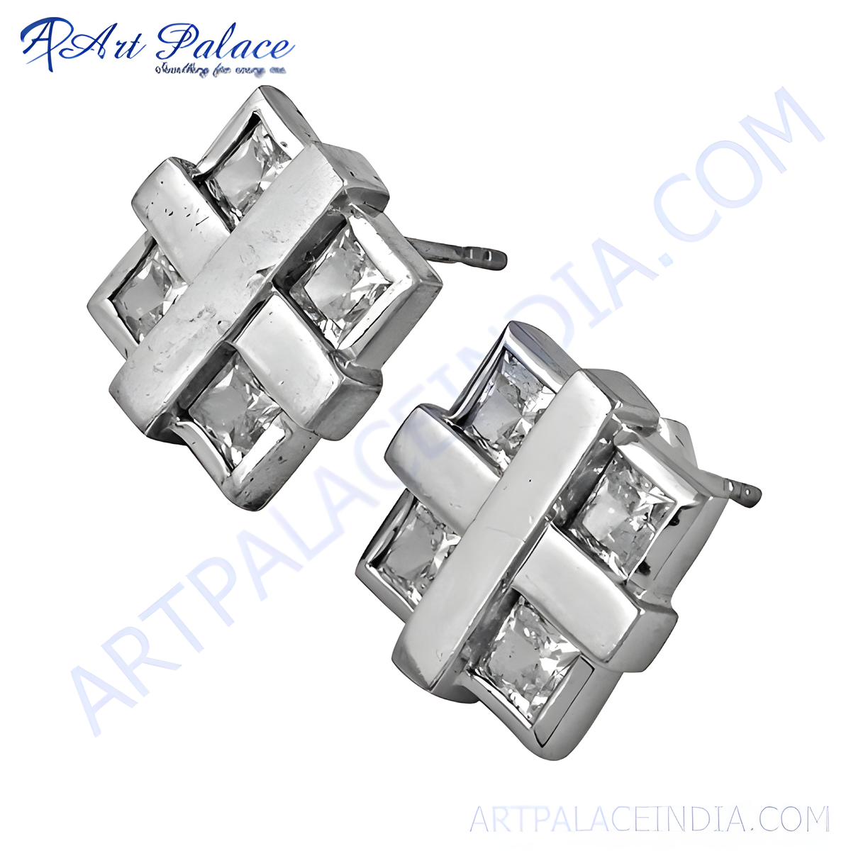 Silver square stud earrings with clear square cut crystals, perfect for women's fashion jewelry
