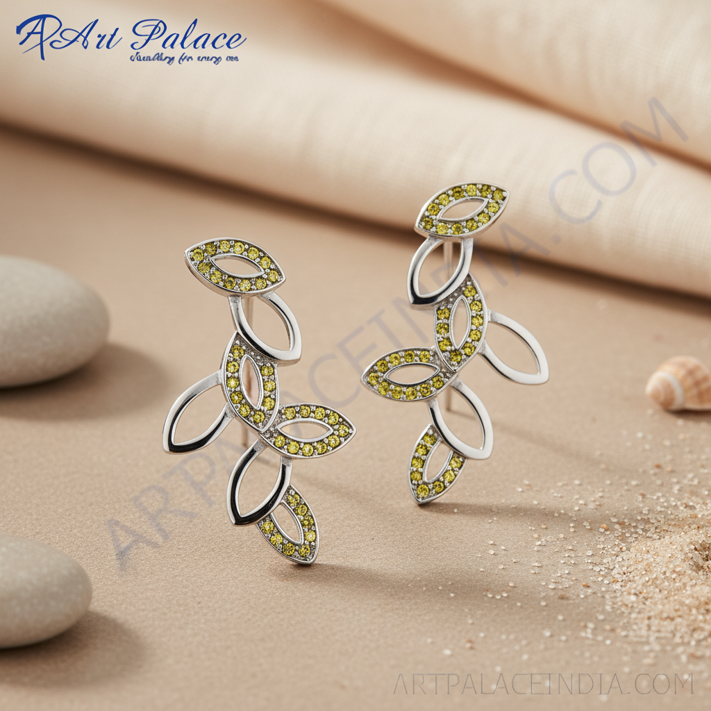 Silver leaf earrings with yellow gemstones | women's jewelry