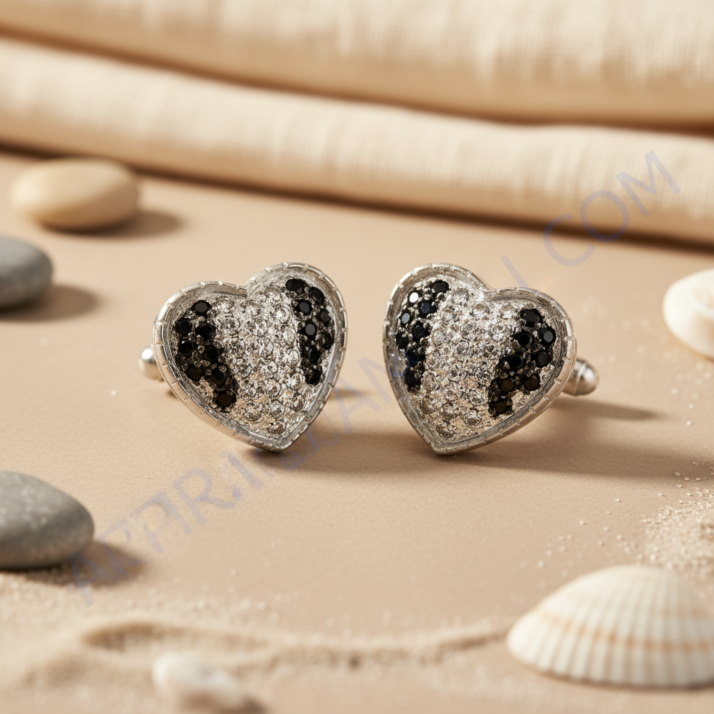Silver heart stud earrings with black & white gemstones
