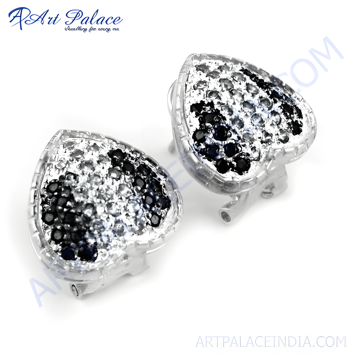 Silver heart stud earrings with black and white gemstones
