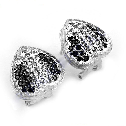 Silver Heart Stud Earrings with Black & White Gemstones