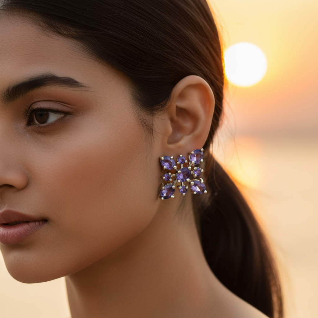 Amethyst Stud Earrings in Silver | Flower Design | For Women