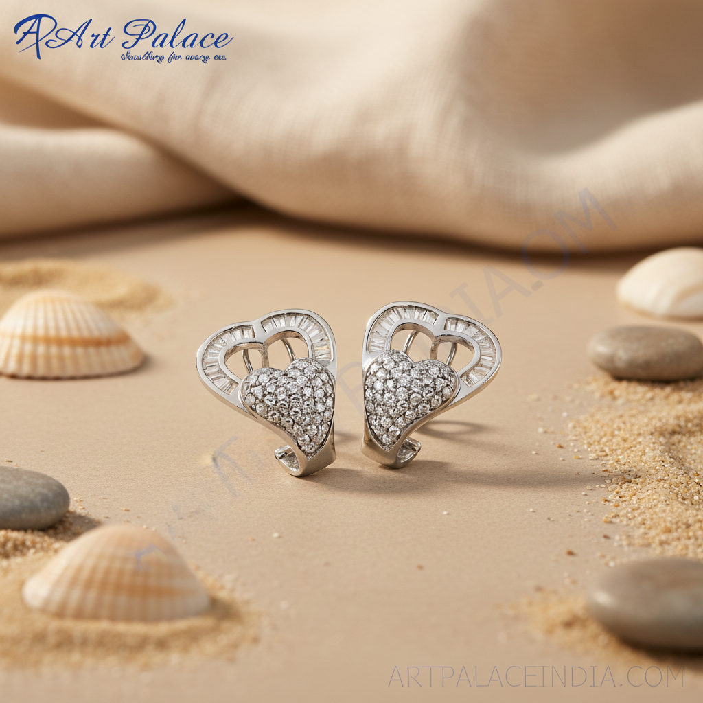 Silver heart stud earrings with pave diamonds | women's jewelry