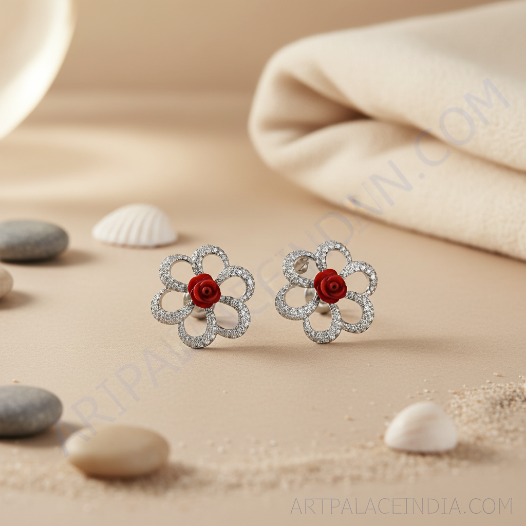 Silver Rose Flower Stud Earrings for Women | Floral Jewelry