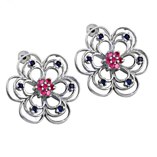 925 Silver Ruby Sapphire Flower Earrings for Women | Gift