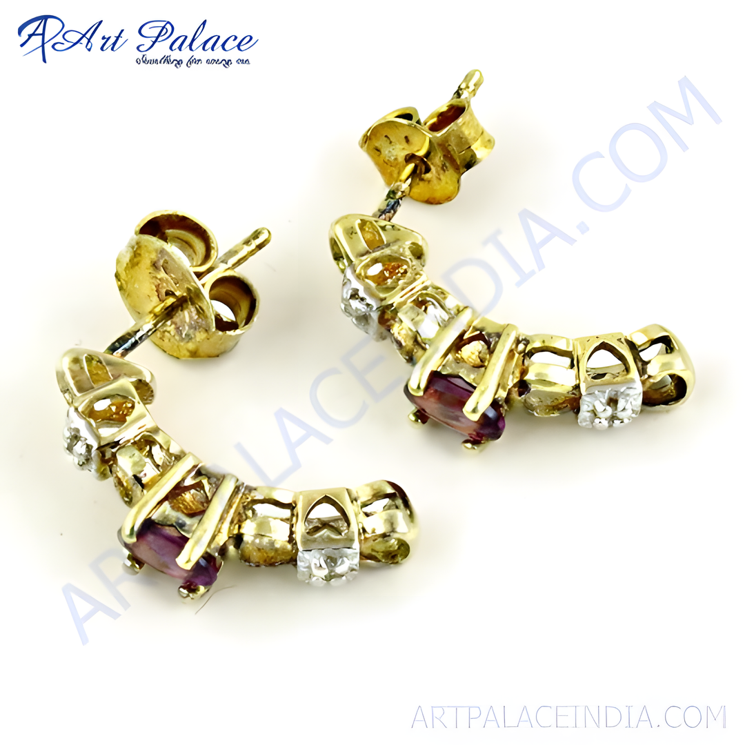 gold plating stud earrings with ruby and diamond gemstones for women.