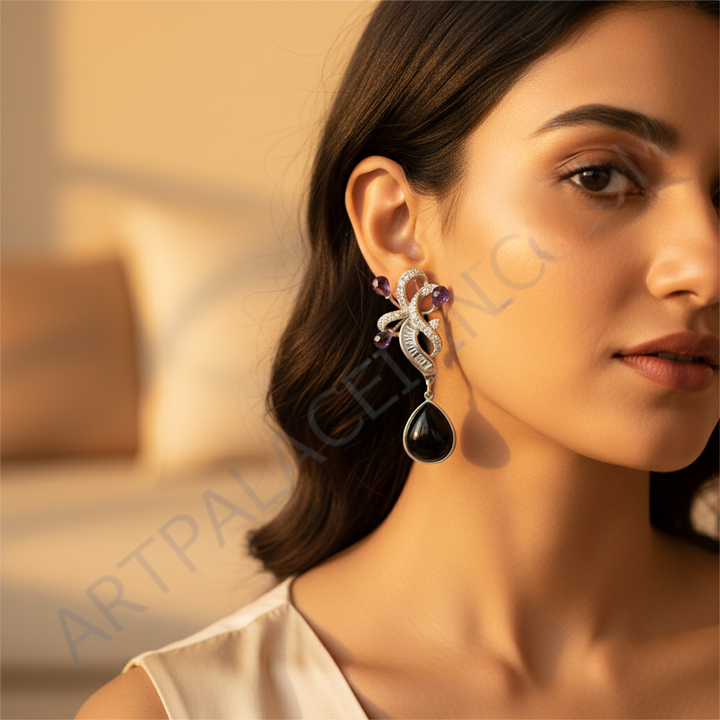 Silver teardrop onyx earrings for women | gemstone jewelry