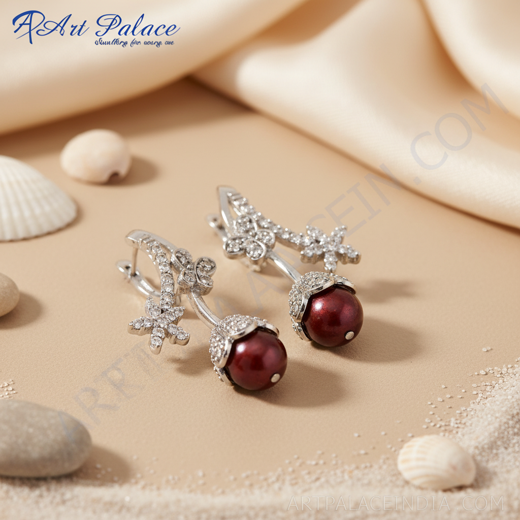 Silver Red Gemstone Drop Earrings for Women | Floral Design