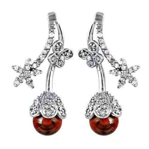 Silver Red Gemstone Drop Earrings for Women | Floral Design
