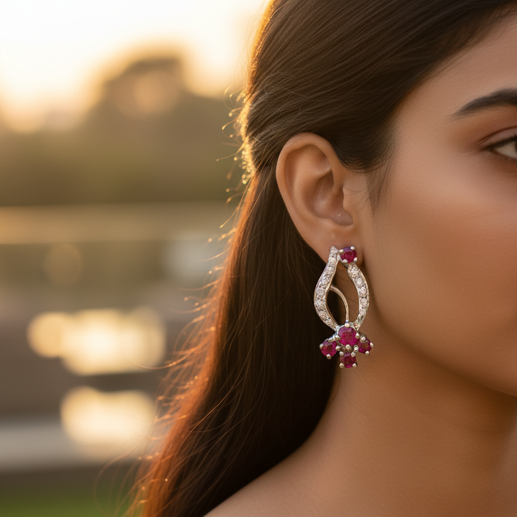 Ruby & Diamond Stud Earrings - Silver Jewelry for Women